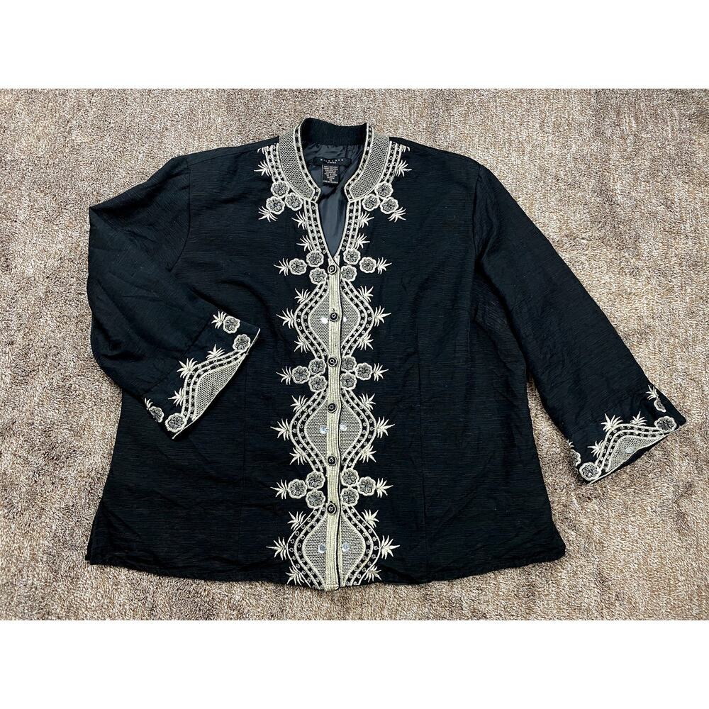Silkland Womens 1X Silk Embroidered Beaded Top Blouse Black Vintage TLC